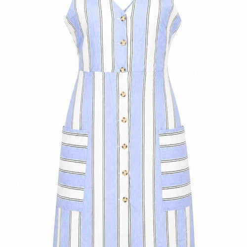 Warehouse Womens Blue Striped Viscose Tank Dress Size 12 V-Neck Button - Pockets