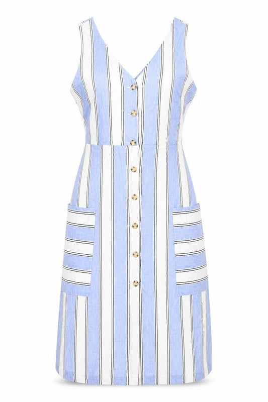 Front view of Warehouse women’s blue striped viscose tank dress, size UK 12, v-neck button - pockets
