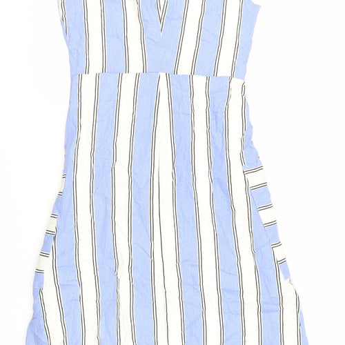 Warehouse Womens Blue Striped Viscose Tank Dress Size 12 V-Neck Button - Pockets
