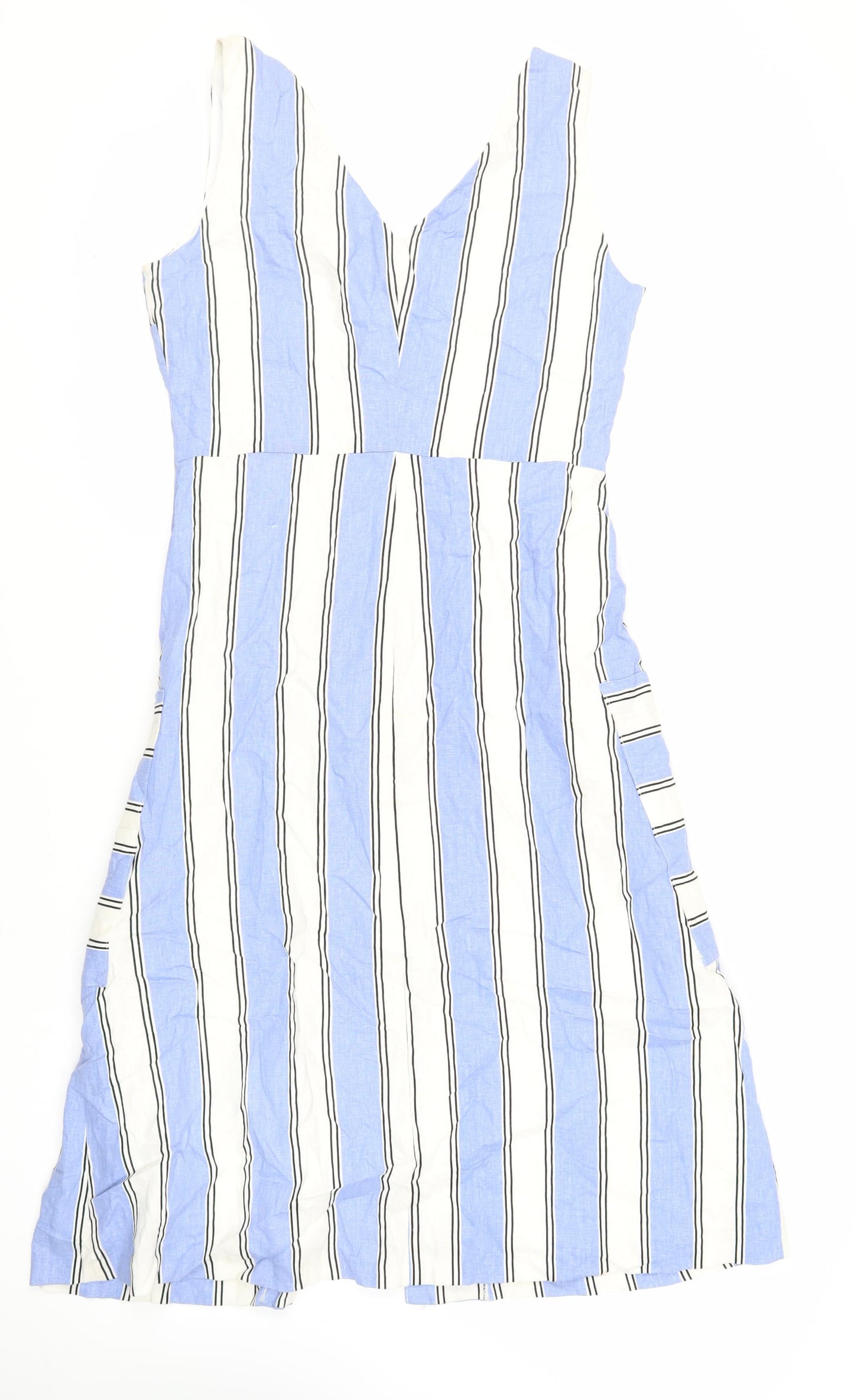 Warehouse Womens Blue Striped Viscose Tank Dress Size 12 V-Neck Button - Pockets