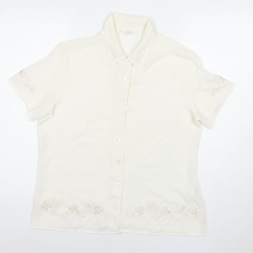 St Michael Womens White Polyester Basic Button-Up Size 14 Collared - Embraided Flowers