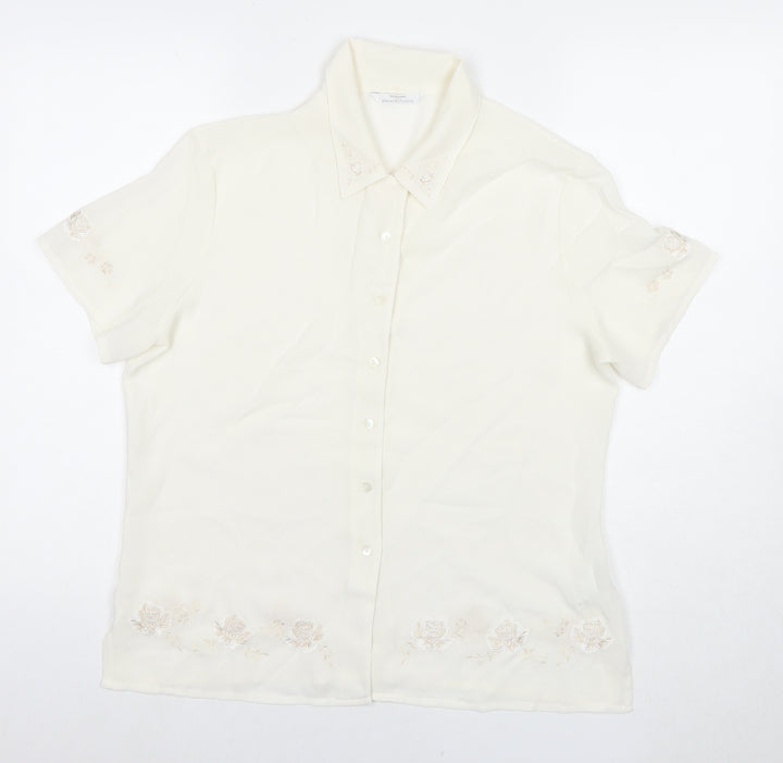 St Michael Womens White Polyester Basic Button-Up Size 14 Collared - Embraided Flowers