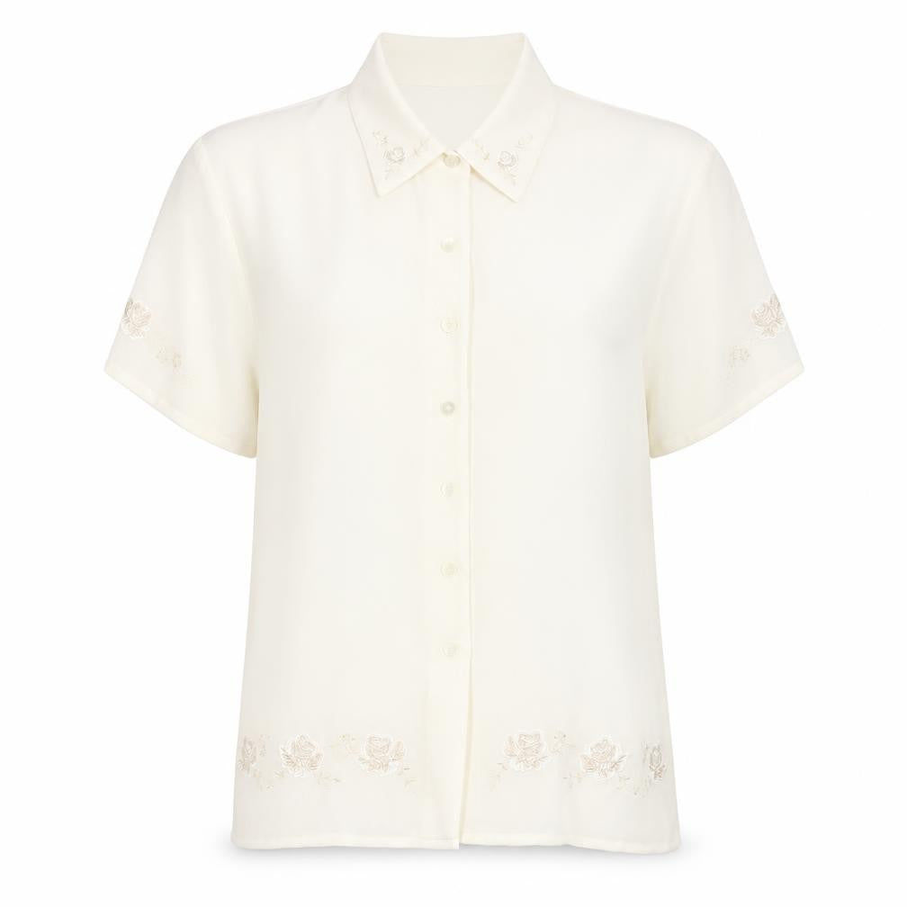 Front view of St Michael women’s white polyester basic button-up, size UK 14, collared - embraided flowers