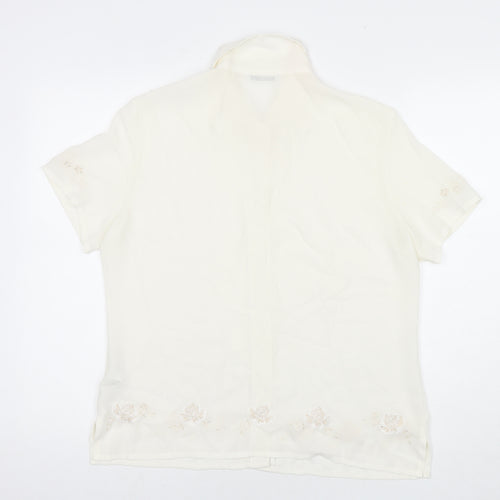 St Michael Womens White Polyester Basic Button-Up Size 14 Collared - Embraided Flowers