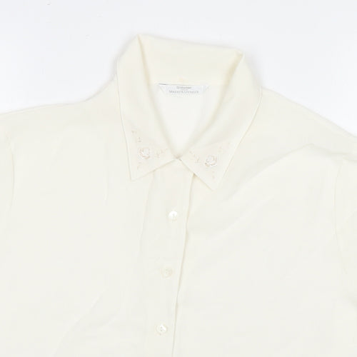 St Michael Womens White Polyester Basic Button-Up Size 14 Collared - Embraided Flowers