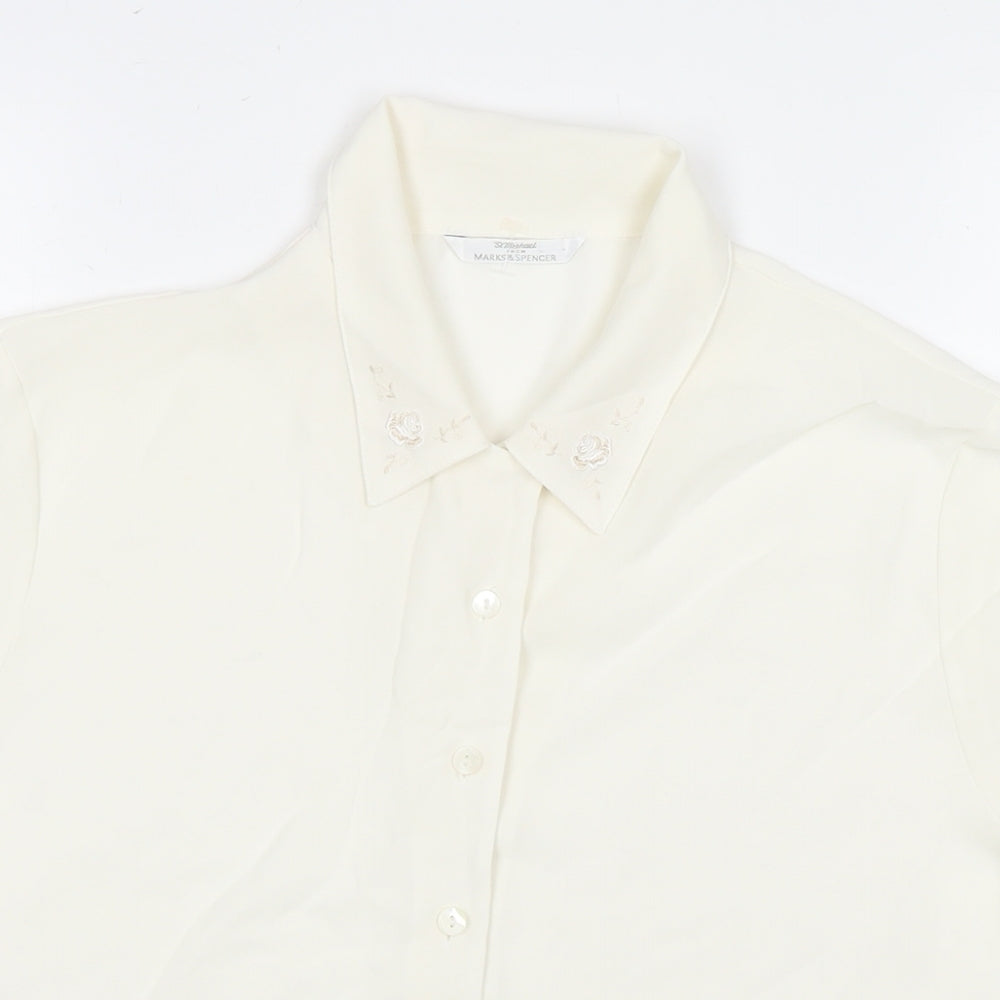 St Michael Womens White Polyester Basic Button-Up Size 14 Collared - Embraided Flowers