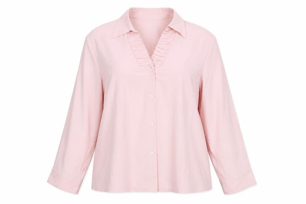Front view of Sommerman women’s pink polyester basic button-up, size UK 26, collared