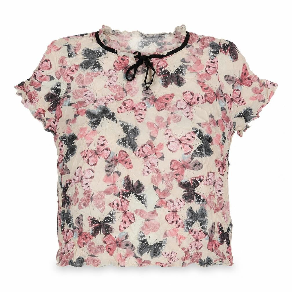 Front view of Mona women’s beige viscose basic blouse, size UK 20, v-neck - butterflies