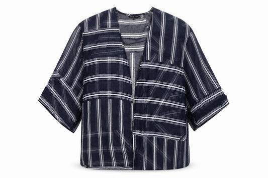 Front view of Capsule women’s blue striped polyester kimono t-shirt, size UK 24, v-neck - beach cover-up
