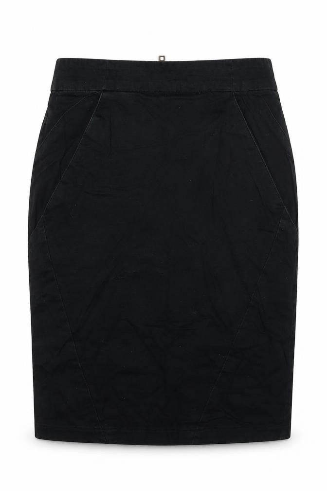 Front view of Topshop women’s black cotton mini skirt, size UK 6, zip