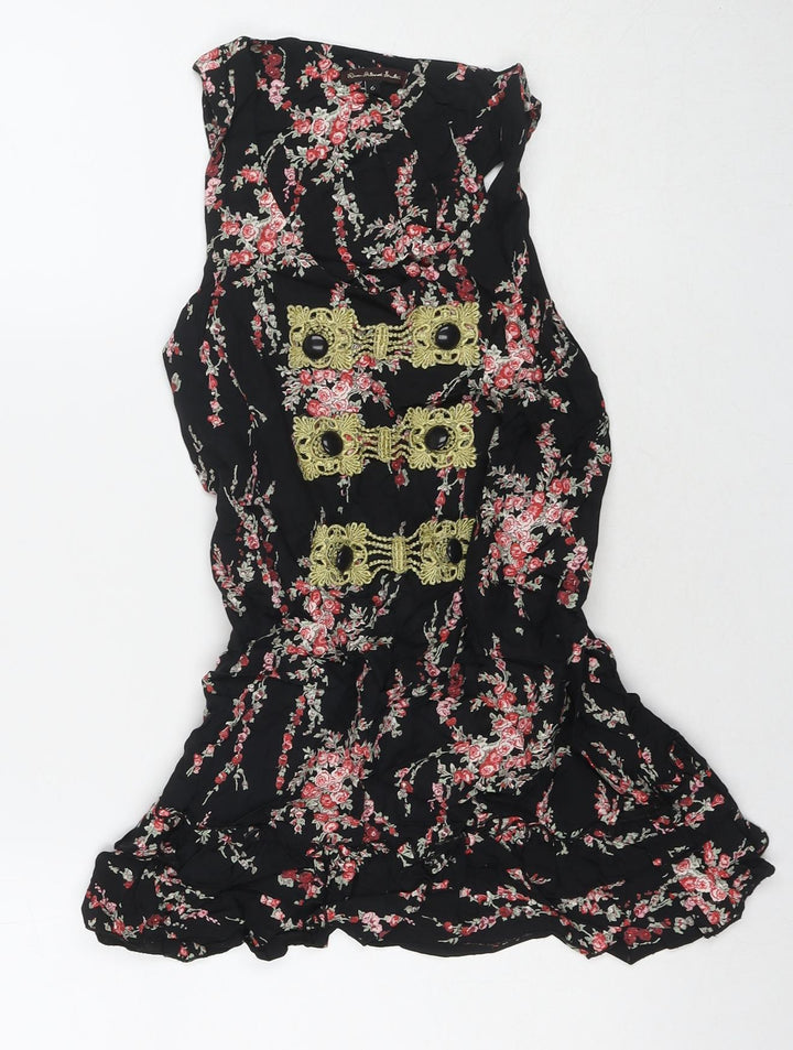River Island Womens Black Floral Viscose Tunic Blouse Size 8 Round Neck