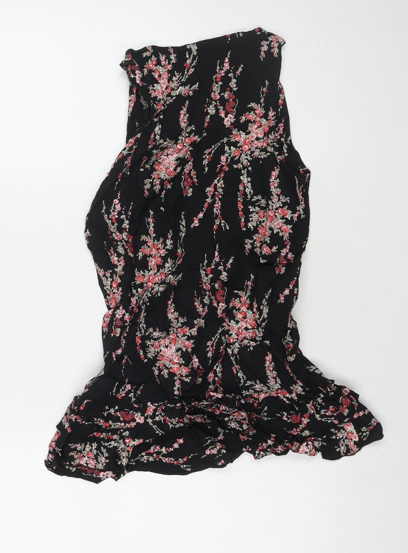 River Island Womens Black Floral Viscose Tunic Blouse Size 8 Round Neck