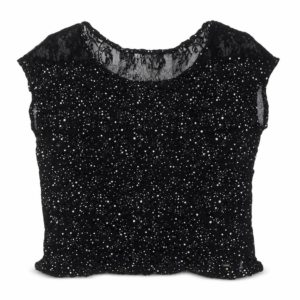 Front view of Garage women’s black polka dot viscose basic t-shirt, size L, round neck