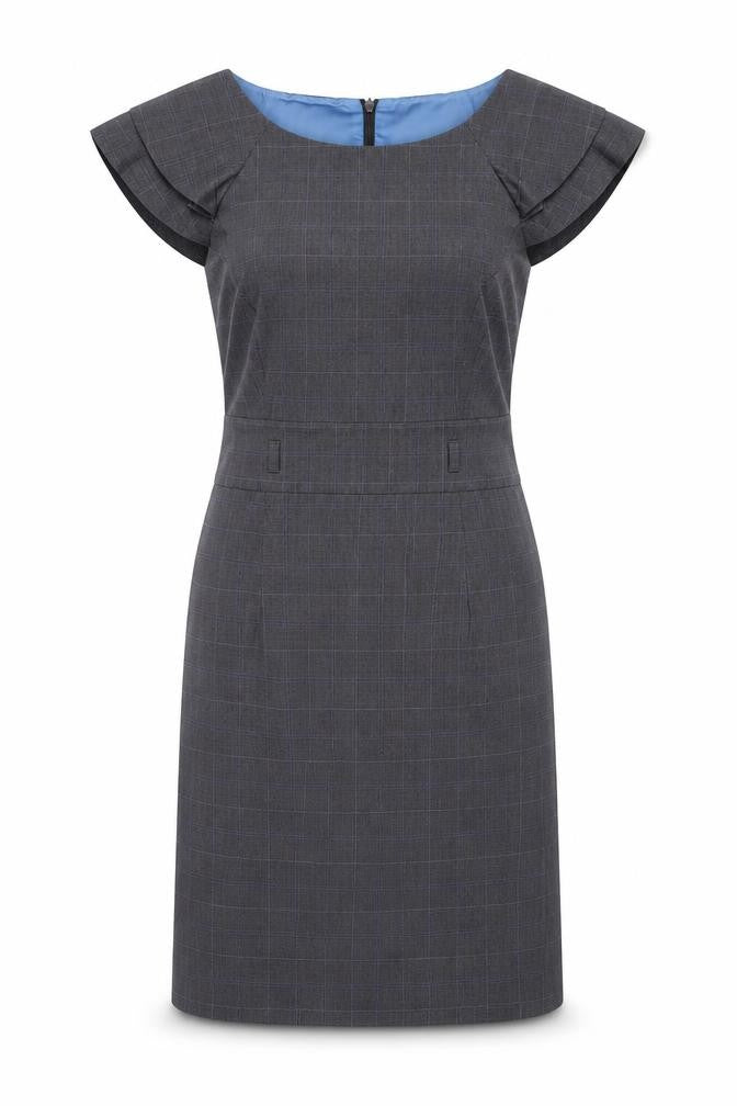Front view of Et Vous women’s grey check polyester a-line, size UK 10, boat neck zip
