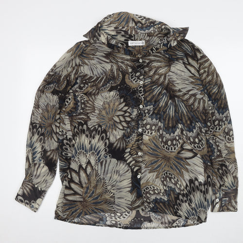 Artigiano Womens Brown Floral Polyester Basic Button-Up Size 14 Collared