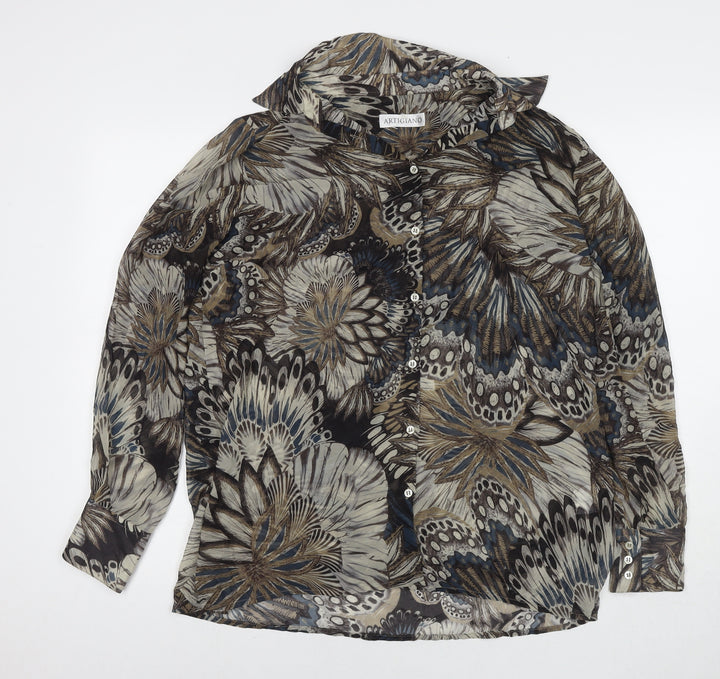 Artigiano Womens Brown Floral Polyester Basic Button-Up Size 14 Collared