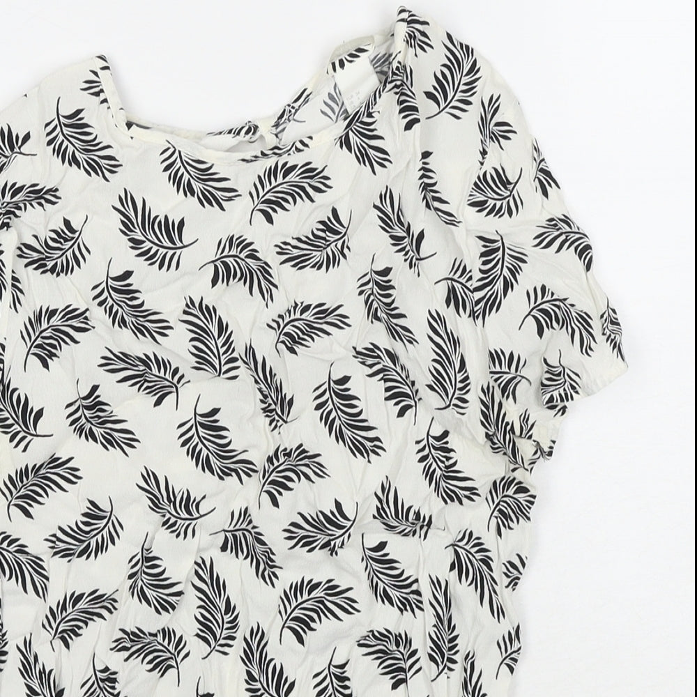 H&M Womens White Floral Viscose Basic Blouse Size 6 Round Neck