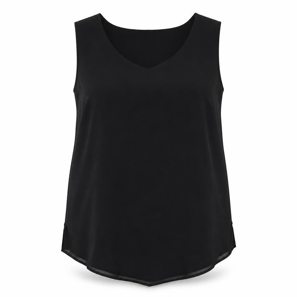 Front view of Qneel women’s black polyester basic t-shirt, size UK 20, v-neck