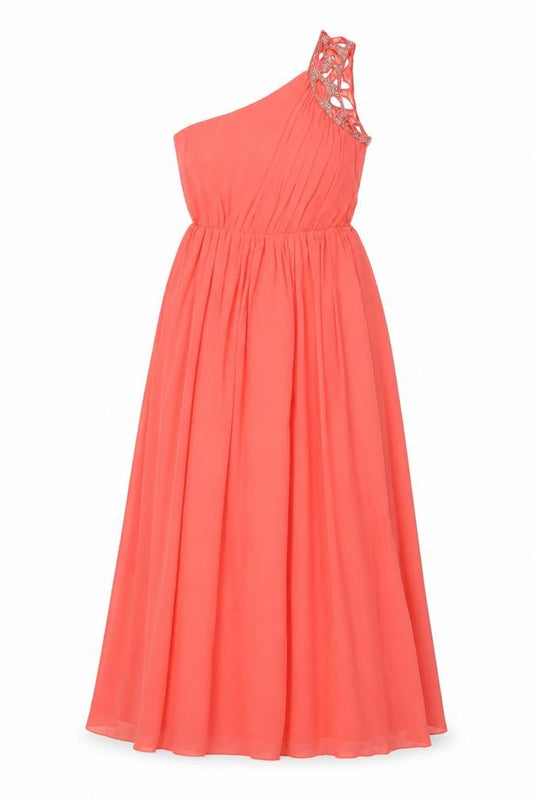 Front view of Little Mistress women’s pink polyester ball gown, size UK 12, off the shoulder pullover - embellishment detail