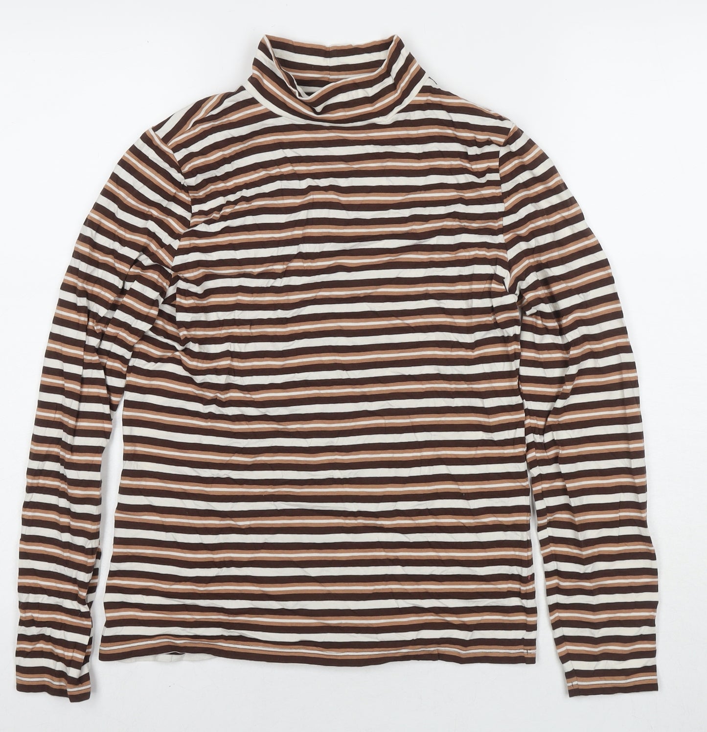 Marks and Spencer Womens Brown Striped Cotton Basic T-Shirt Size 12 Roll Neck