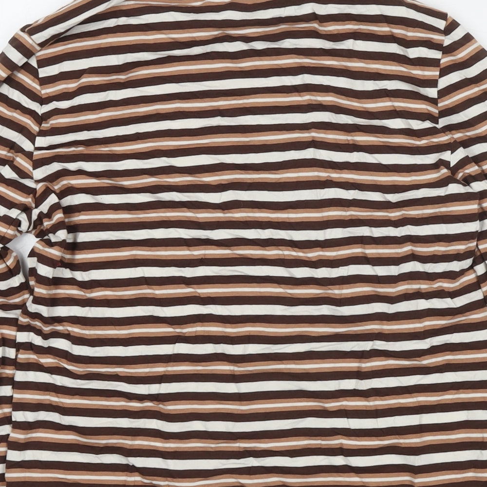 Marks and Spencer Womens Brown Striped Cotton Basic T-Shirt Size 12 Roll Neck