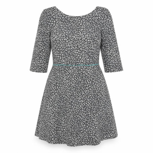 Front view of Louche women’s grey animal print polyester a-line, size UK 12, round neck zip
