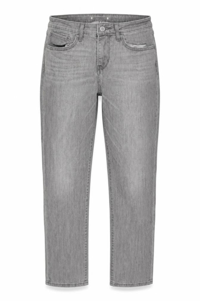 Front view of Levi's women’s grey polyester blend straight jeans, size UK 28, in, 29-inch leg regular zip