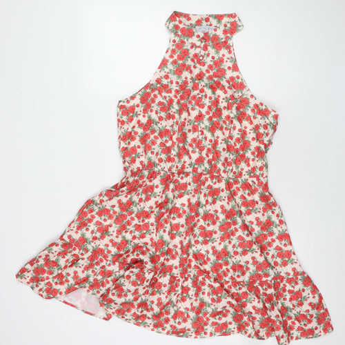 In the Style Womens Red Floral Polyester A-Line Size 14 Round Neck Button