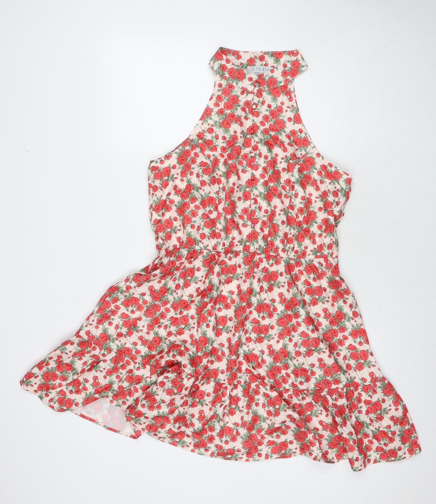 In the Style Womens Red Floral Polyester A-Line Size 14 Round Neck Button