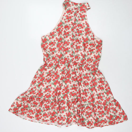 In the Style Womens Red Floral Polyester A-Line Size 14 Round Neck Button