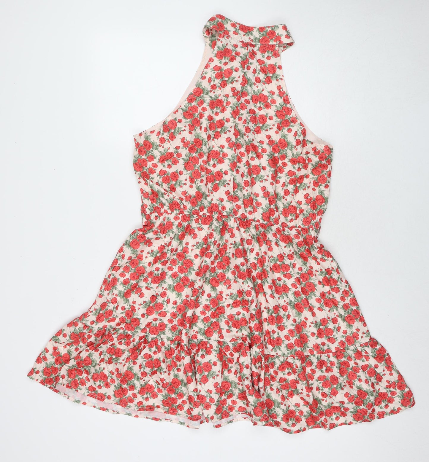 In the Style Womens Red Floral Polyester A-Line Size 14 Round Neck Button
