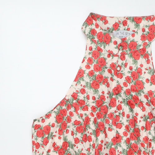 In the Style Womens Red Floral Polyester A-Line Size 14 Round Neck Button