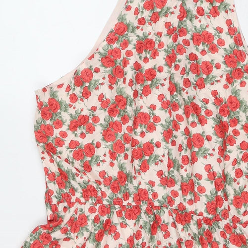 In the Style Womens Red Floral Polyester A-Line Size 14 Round Neck Button