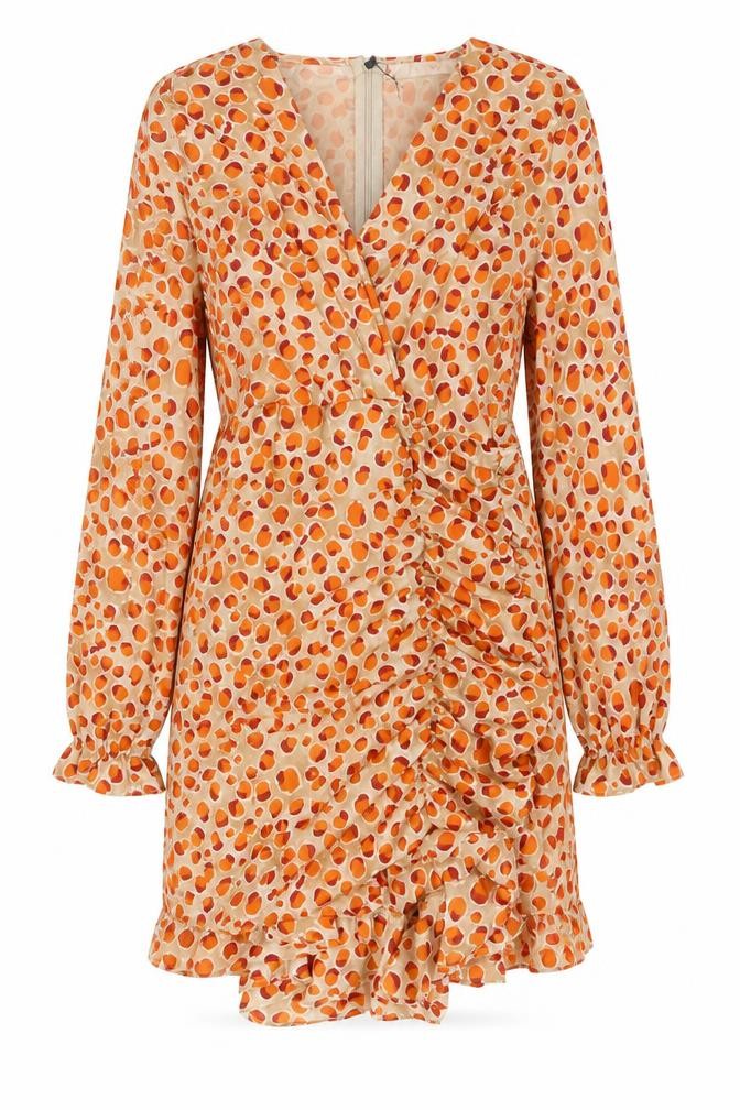 Front view of IVIVI women’s beige geometric polyester a-line, size M, v-neck zip