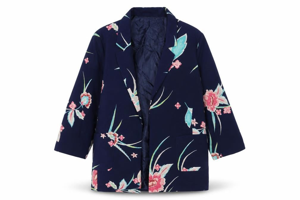 Front view of Bonmarché women’s blue floral kimono blazer, size UK 12