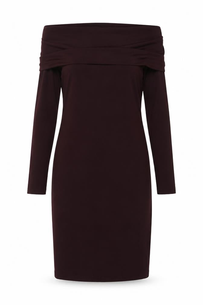 Front view of H&M women’s brown polyester a-line, size L, off the shoulder pullover