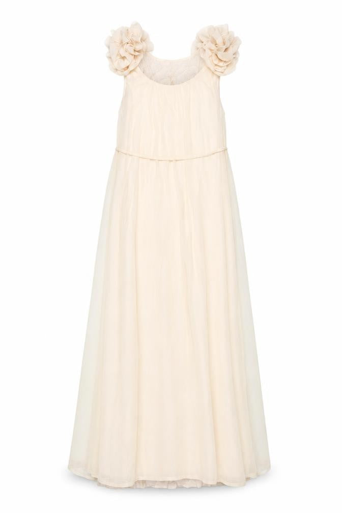 Front view of H&M women’s beige polyester maxi, size XS, scoop neck pullover