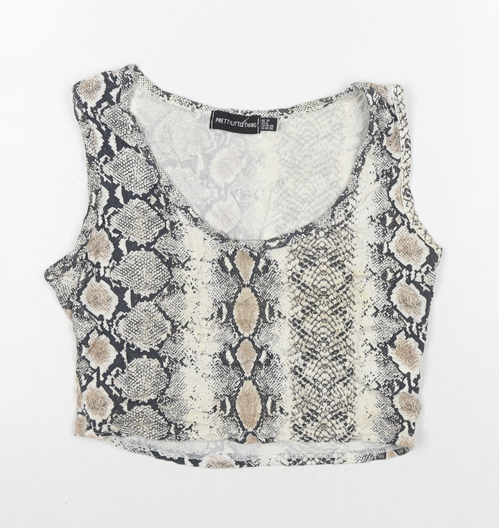 PRETTYLITTLETHING Womens Brown Animal Print Viscose Cropped Tank Size 10 Round Neck - Snake Pattern