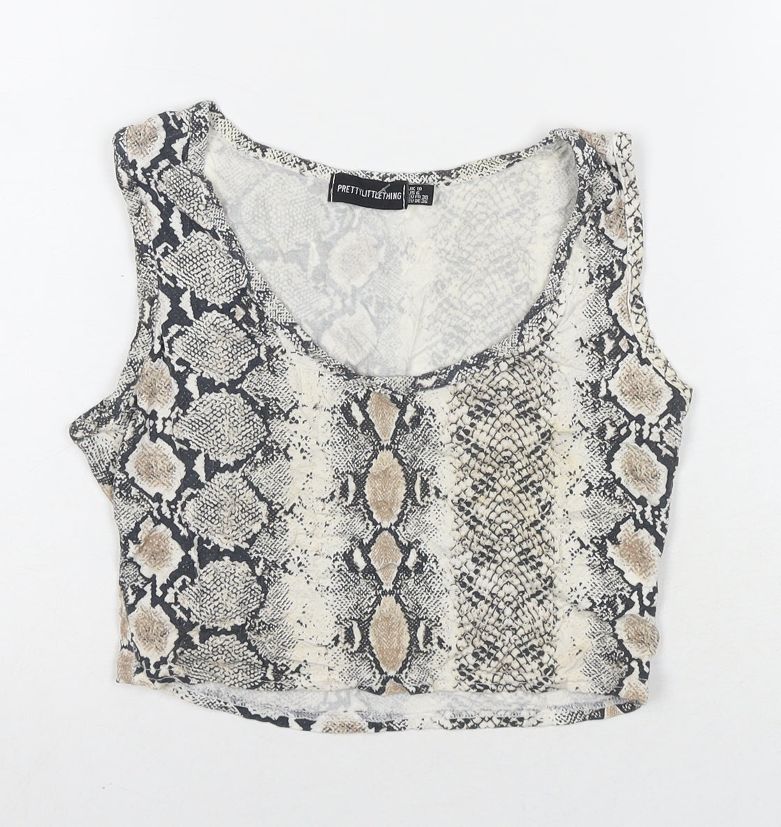 PRETTYLITTLETHING Womens Brown Animal Print Viscose Cropped Tank Size 10 Round Neck - Snake Pattern