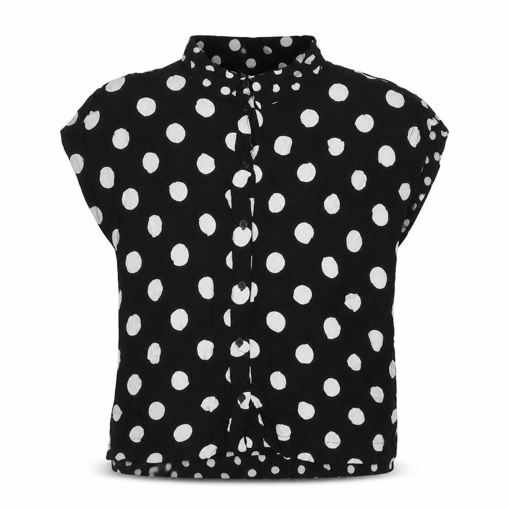 Front view of Topshop women’s black polka dot viscose basic button-up, size UK 8, collared