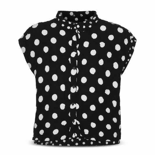 Front view of Topshop women’s black polka dot viscose basic button-up, size UK 8, collared