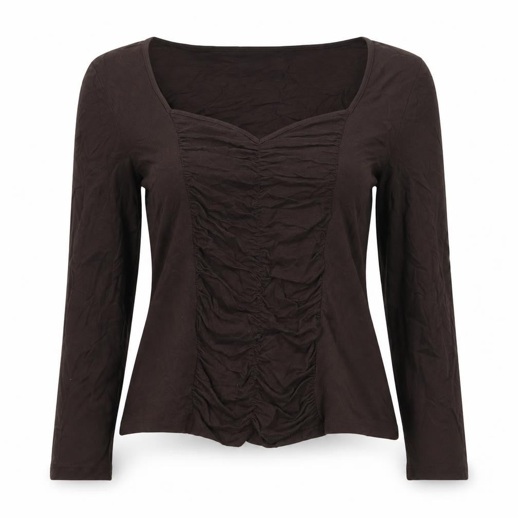 Front view of AMARANTO women’s brown viscose basic blouse, size UK 12, square neck