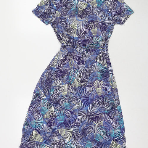 Per Una Womens Blue Geometric Viscose Fit & Flare Size 8 V-Neck Pullover
