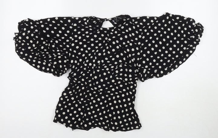 New Look Womens Black Polka Dot Viscose Basic Blouse Size 8 Round Neck