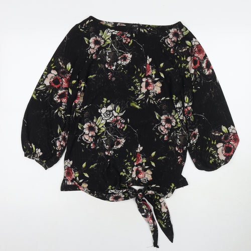 NEXT Womens Black Floral Viscose Basic T-Shirt Size 6 Round Neck