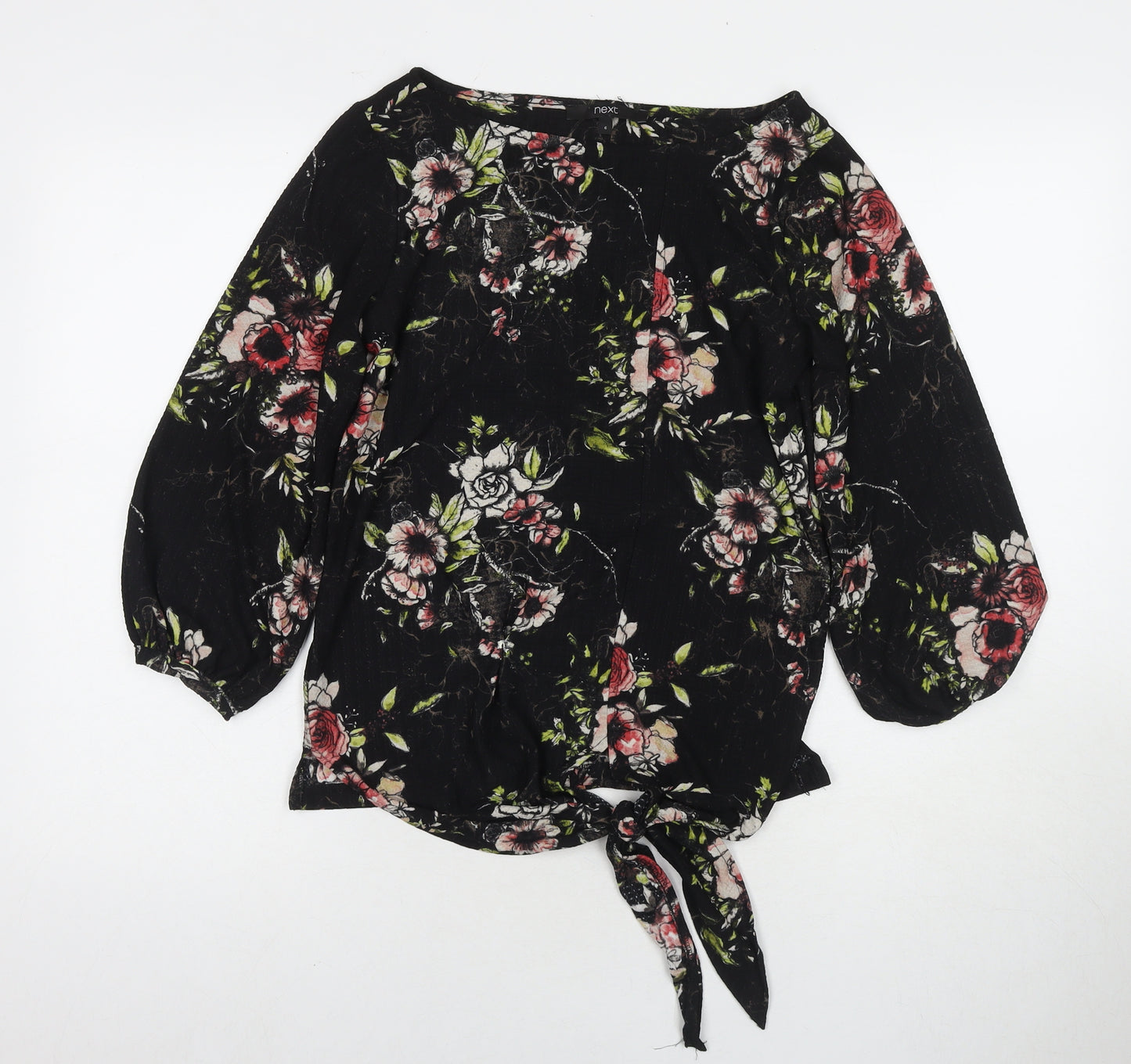 NEXT Womens Black Floral Viscose Basic T-Shirt Size 6 Round Neck