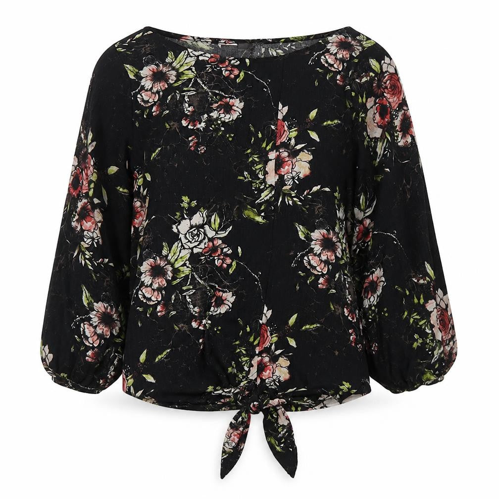 Front view of Next women’s black floral viscose basic t-shirt, size UK 6, round neck