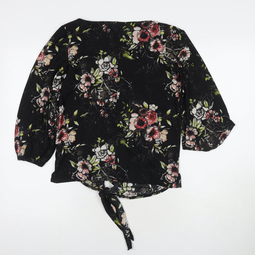 NEXT Womens Black Floral Viscose Basic T-Shirt Size 6 Round Neck