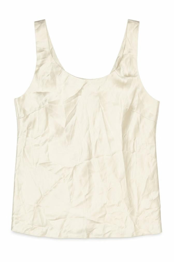 Front view of ASOS women’s ivory polyester basic tank, size UK 12, round neck