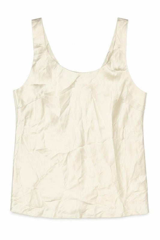 Front view of ASOS women’s ivory polyester basic tank, size UK 12, round neck